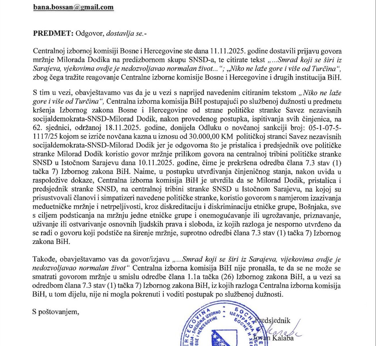 CIK BIH ODGOVORIO NA ZAHTJEV BANA: ZBOG GOVORA MRŽENJE MILORADA DODIKA SNSD KAŽNJENA 30,000 KM